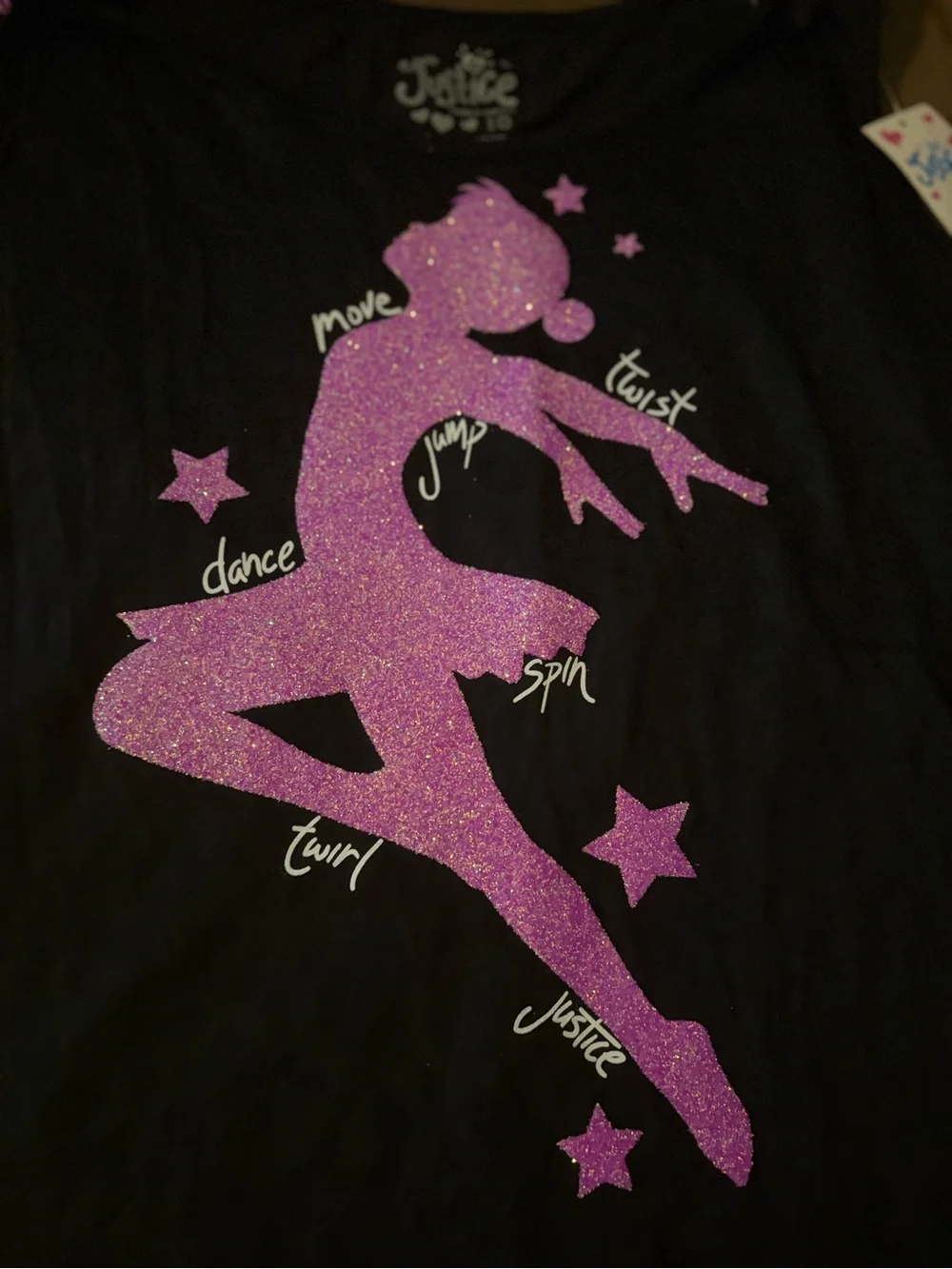 NWOT Justice Black Tank with Pink Glitter Dancer Graphic